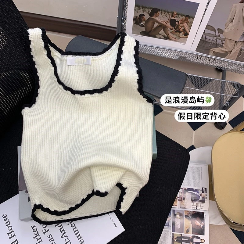 Women Solid U Neck Ribbed Crop Top Women Summer Basic Elastic Exposed Navel Tops Contrast Color Patchwork Mujer Knitted Camisole