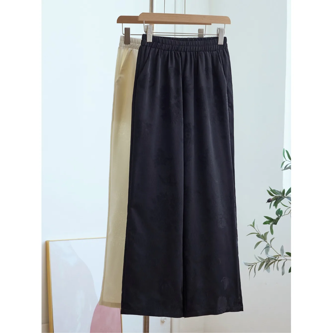 New Chinese Style Spring Summer Wide Leg Satin Texture Loose Fit Trousers High Waist Straight Cut Long Pants Elastic Waist
