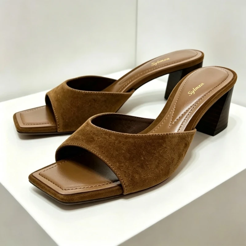Retro Brown Faux Suede Mule Sandals Women Fashion Square-Toe Open-toe Slippers for Ladies Street-Style Comfortable Casual Shoes