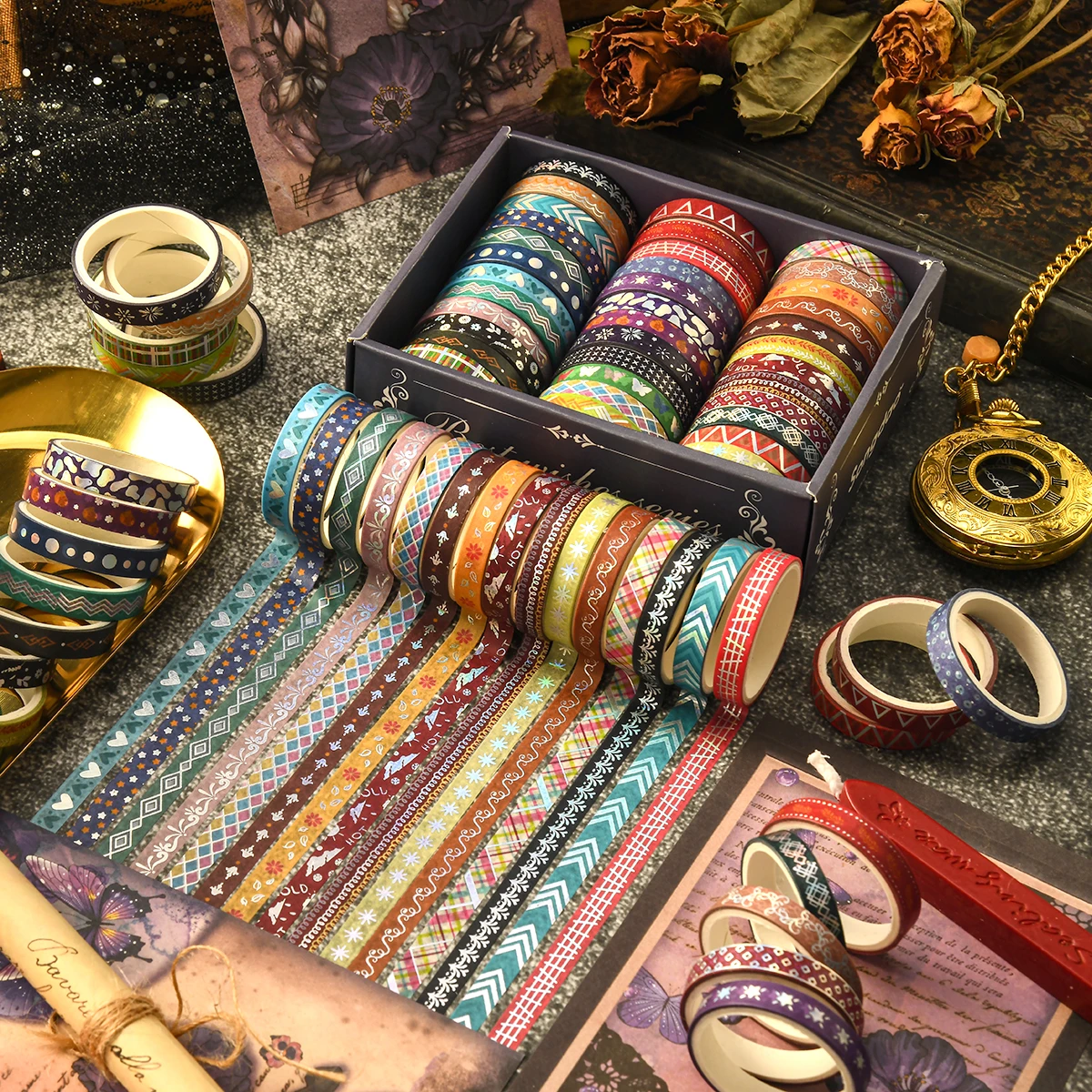 72 Rolls Gold Foil Washi Tape Set Decorative Masking Tape for Scrapbooking Journaling Planner Cute Pattern DIY Craft Supplies