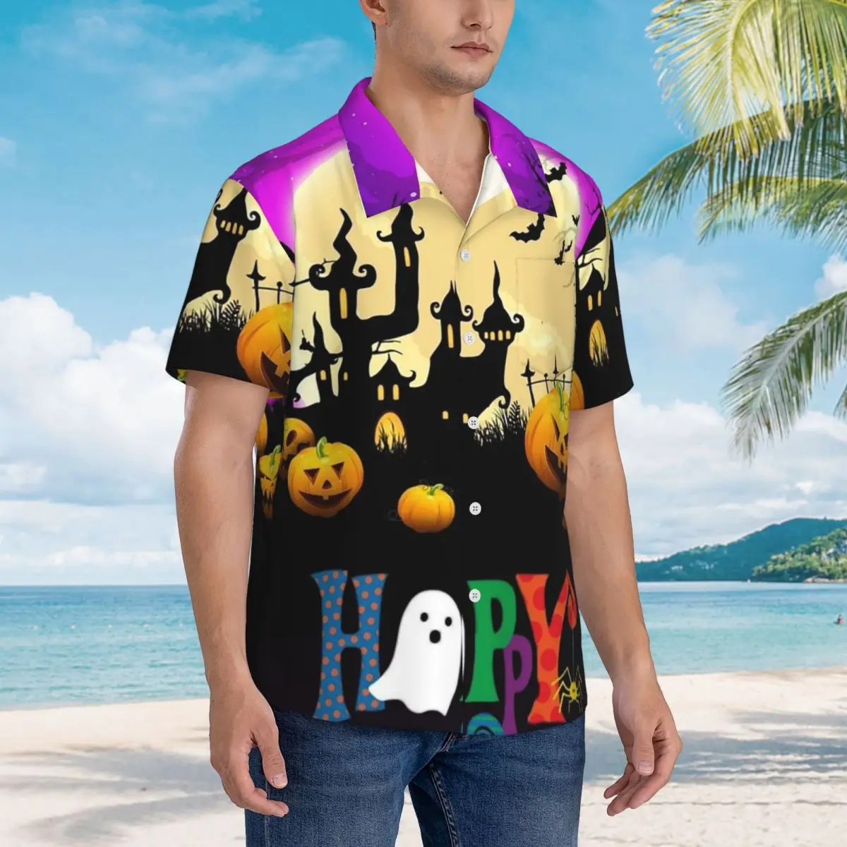 

Ghost Pumpkin Halloween Hawaiian Shirts Casual Men Short Sleeve Shirt for Summer Beach Men's Button Tops