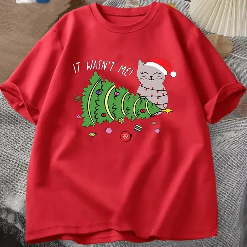 Frohe Weihnachten Damen-T-Shirt Katzenliebhaber Anta Weihnachtsmann Elfe Rundhals Kurzarm Feiertagsmode Katze Casual Y2K Top – Detail 5