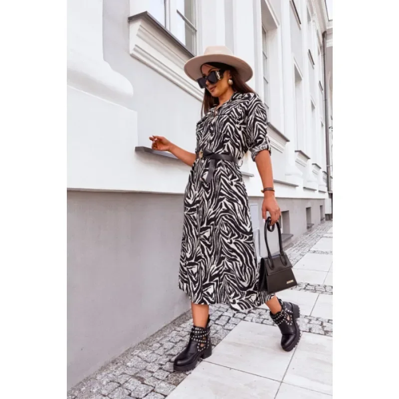 Neue Damenmode Mittellanges Hemdkleid mit Leopardenmuster Damen Herbst Lässiges, vollärmeliges, knielanges Kleid