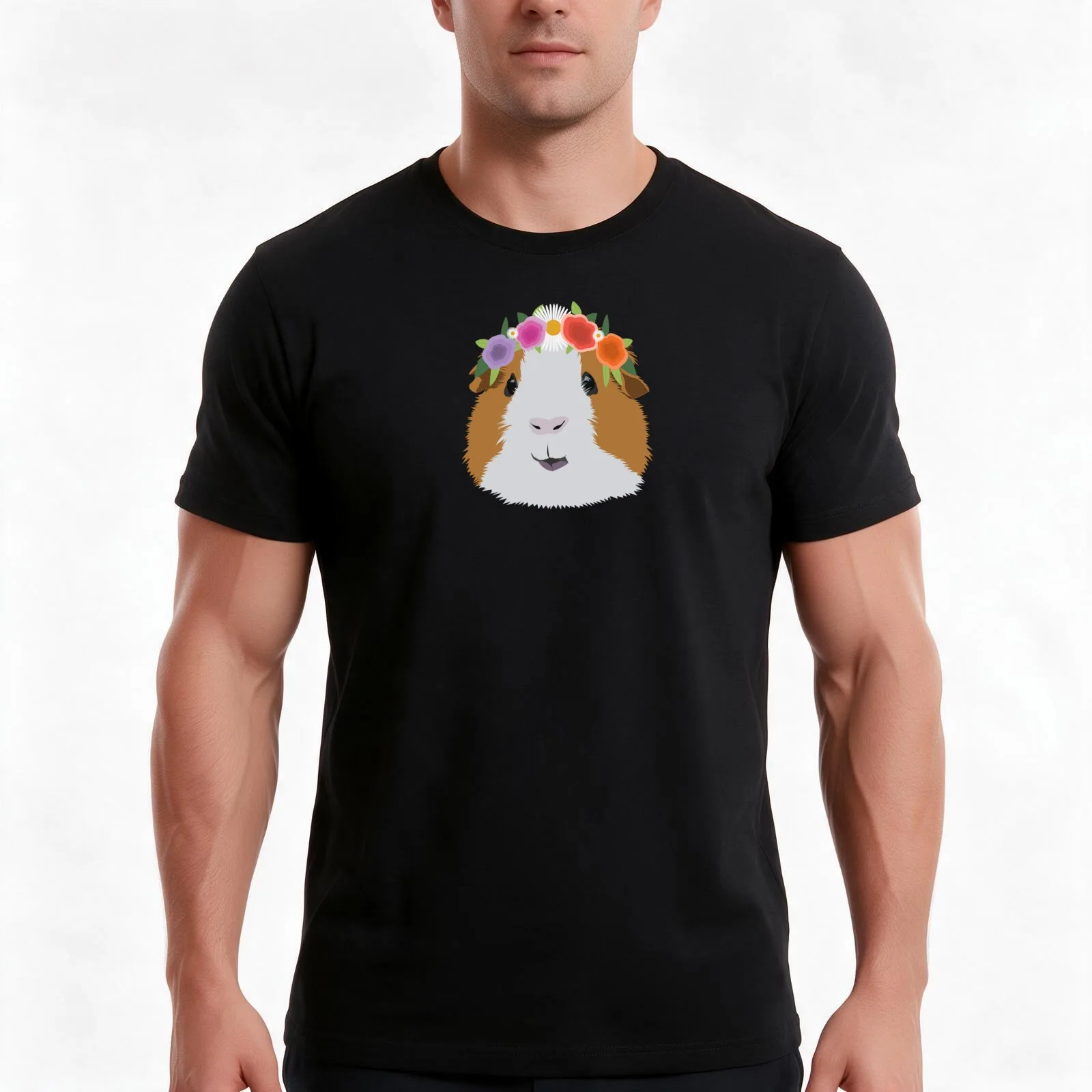 Flower Crown Guinea Pig T-Shirt, Summer Casual Cotton Tee, Oversized Streetwear Tops, Vintage Graphic Print, Unisex Men Women