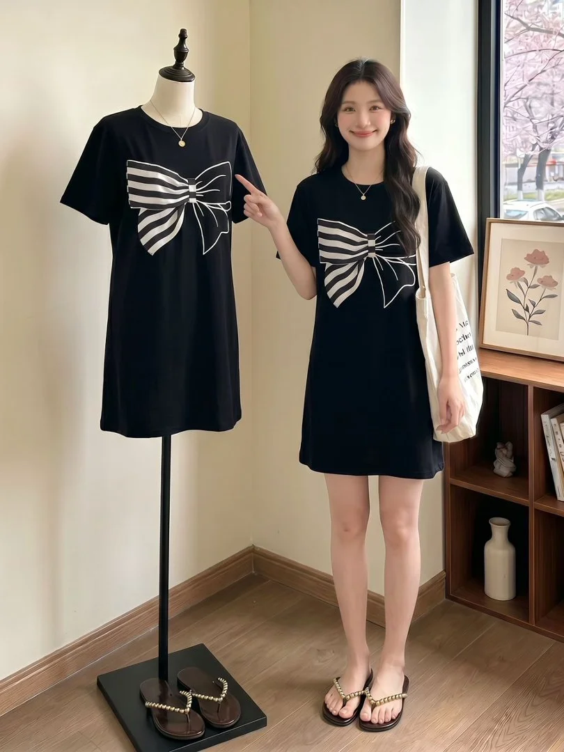 Black Bowknot Shoulder T-Shirt Dress Women's Summer New plus Size Conceal Meat Mid-Length Sleeveless round Neck Dress
