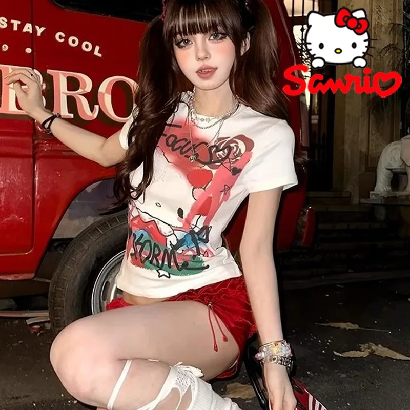 

Sanrio Hello Kitty Girls Print Short Sleeved T-shirt Fashion Sexy Hot Girls Slim Fit Printed Short Top Summer Street Casual Tops