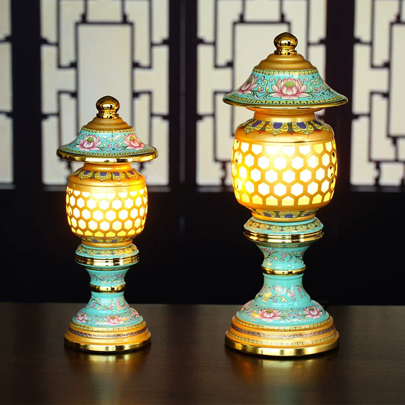 Buddha Offering LED Lamp, Enamel Lotus Plug-in Altar Light, Ever-Burning Lamp for God of Wealth Shrine, Colorful Home Temple Dec