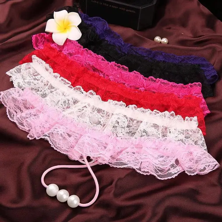 Transparent G-String Lace Pearl Thongs Low Waist Sexy Crotchless Woman's Massage Thread Panties Sex Erotic Accessories Underwear