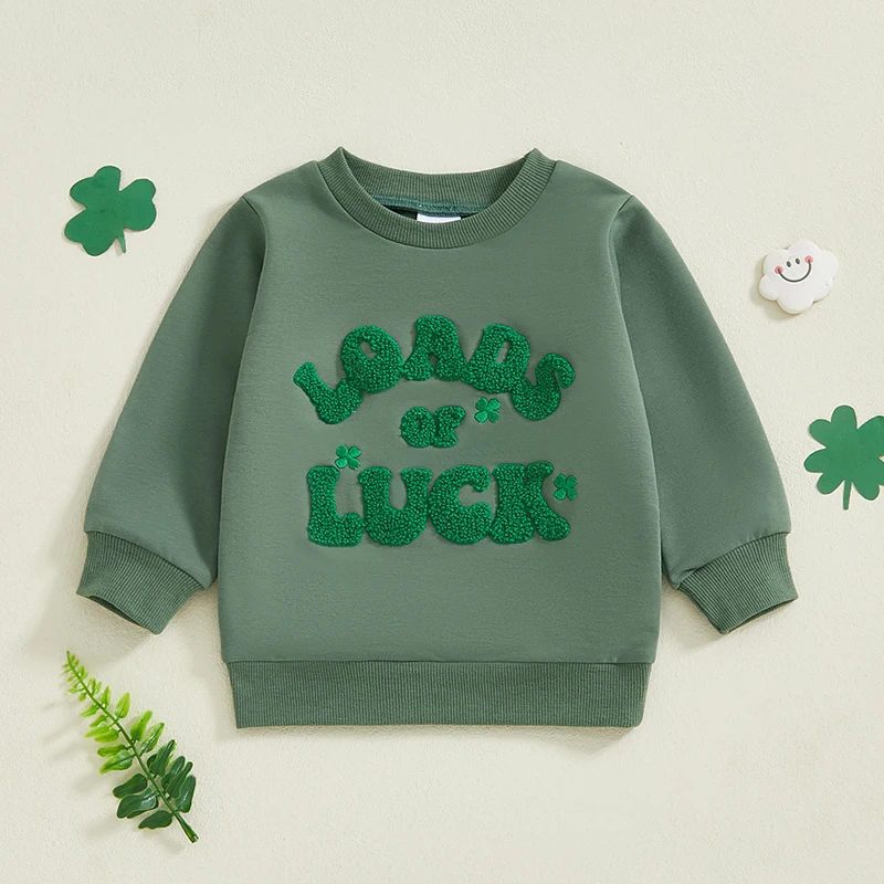 2024-11-04 Lioraitiin Toddler Baby Boy Sweatshirt Clover Letter Embroidery Long Sleeve Pullover Tops Causal Irish Clothes