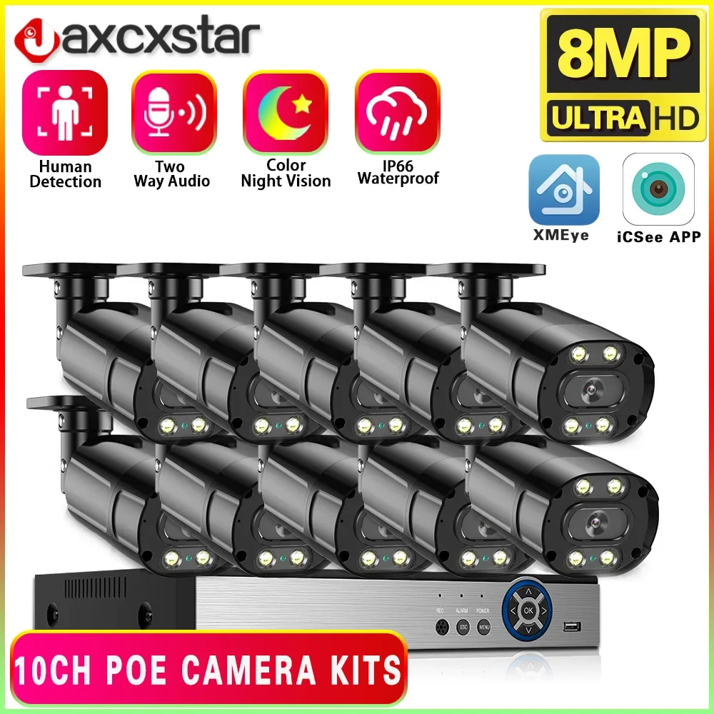 

4K Security Camera System H.265 10CH NVR PoE Smart 8MP Super Color Full Night Vision Audio Water Proof Camera Security System