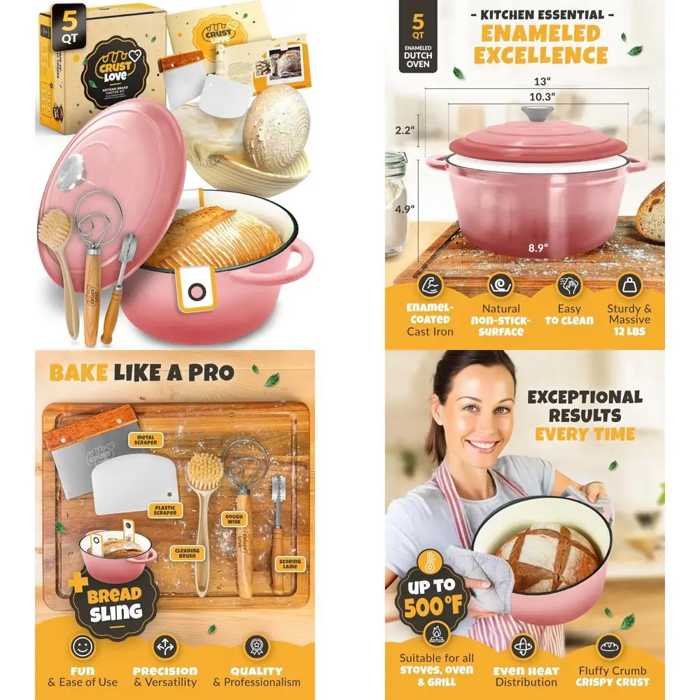 

Чугунная эмалированная жаровня (голландская печь) на 5 кварт с крышкой, набор для выпечки хлеба, включающий закваску для хлеба, корзину для расстойки и нож для разрезания теста.