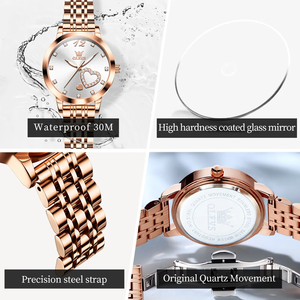 OLEVS 5189 Orologio da donna Orologio da polso al quarzo in acciaio inossidabile di lusso Orologio da donna luminoso impermeabile Set di braccialetti Regali Quadrante a cuore
