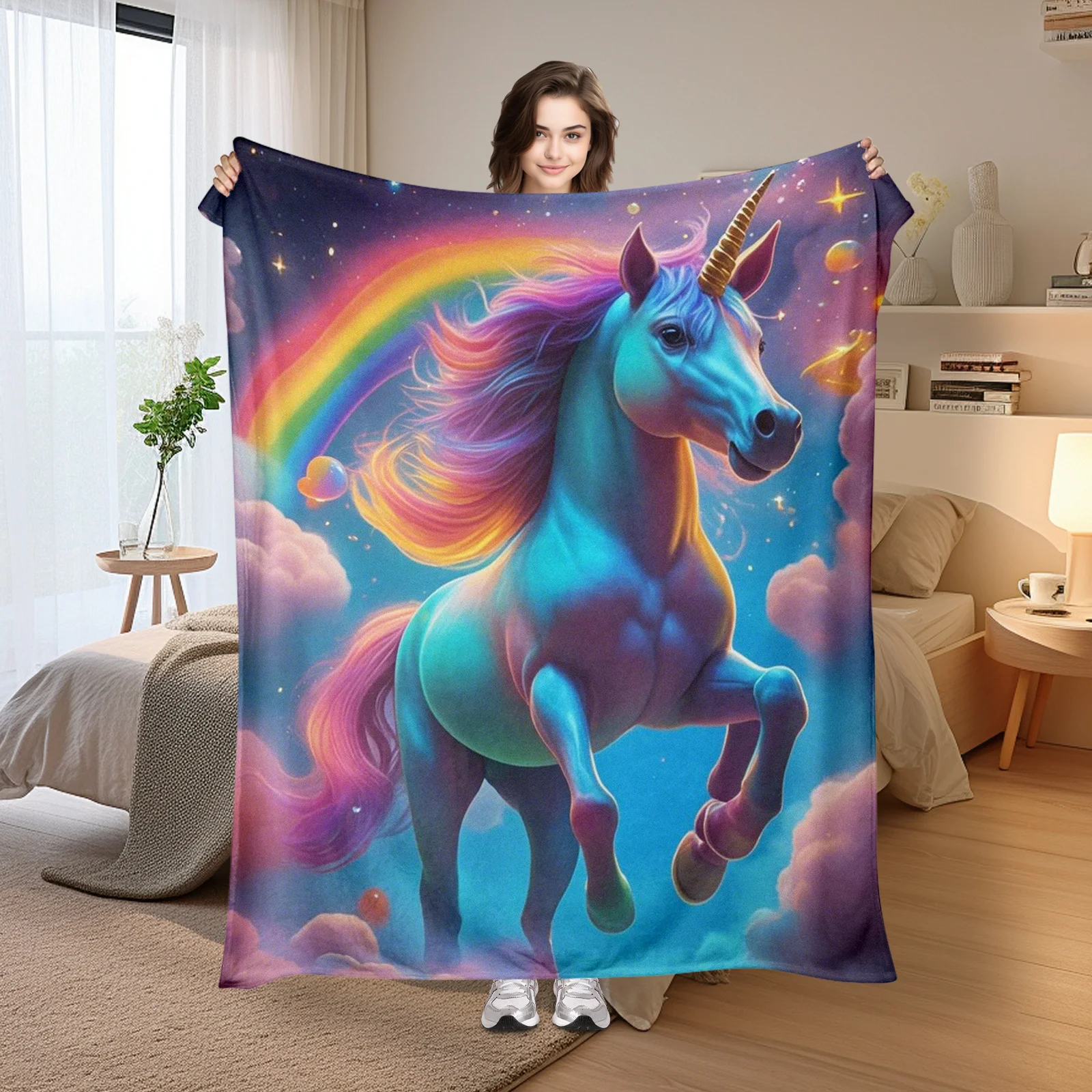 Starry Sky Unicorn Rainbow Pink Clouds Blanket For Home Decor And Warmth Inspired By Fantasy And Enchanting Nighttime Themes