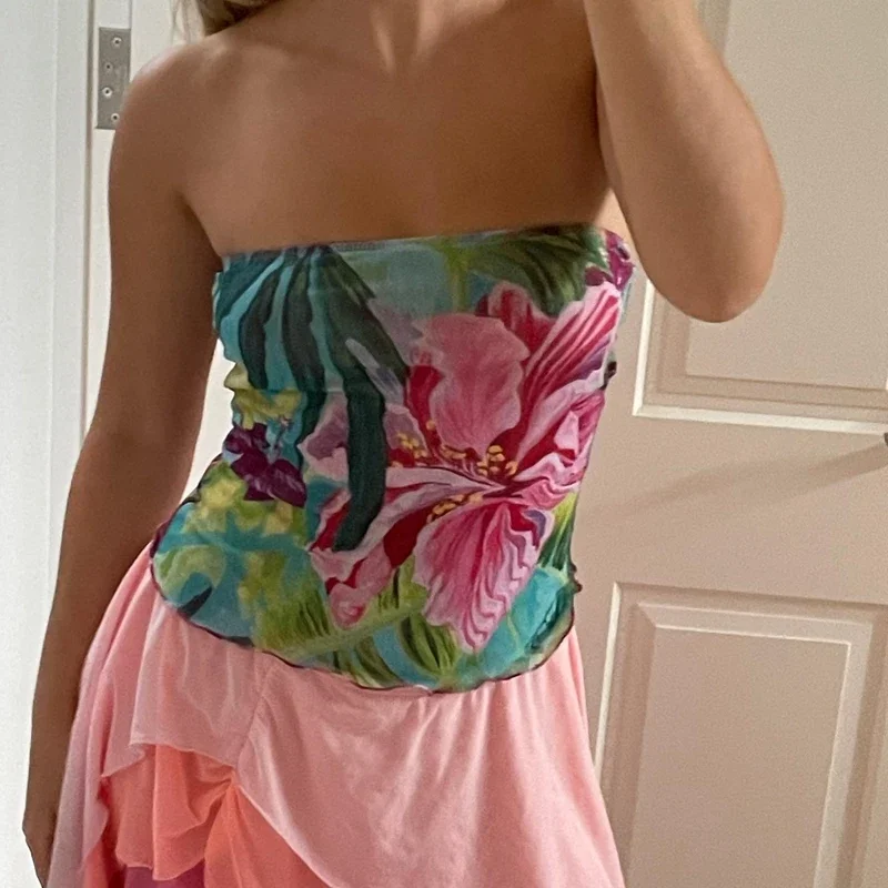 Y2K เสื้อกล้ามสตรีทดอกไม้สายเดี่ยววินเทจเปลือยหลังเสื้อกล้ามในฤดูร้อนที่น่ารักแขนกุดเสื้อกั๊กสตรีท