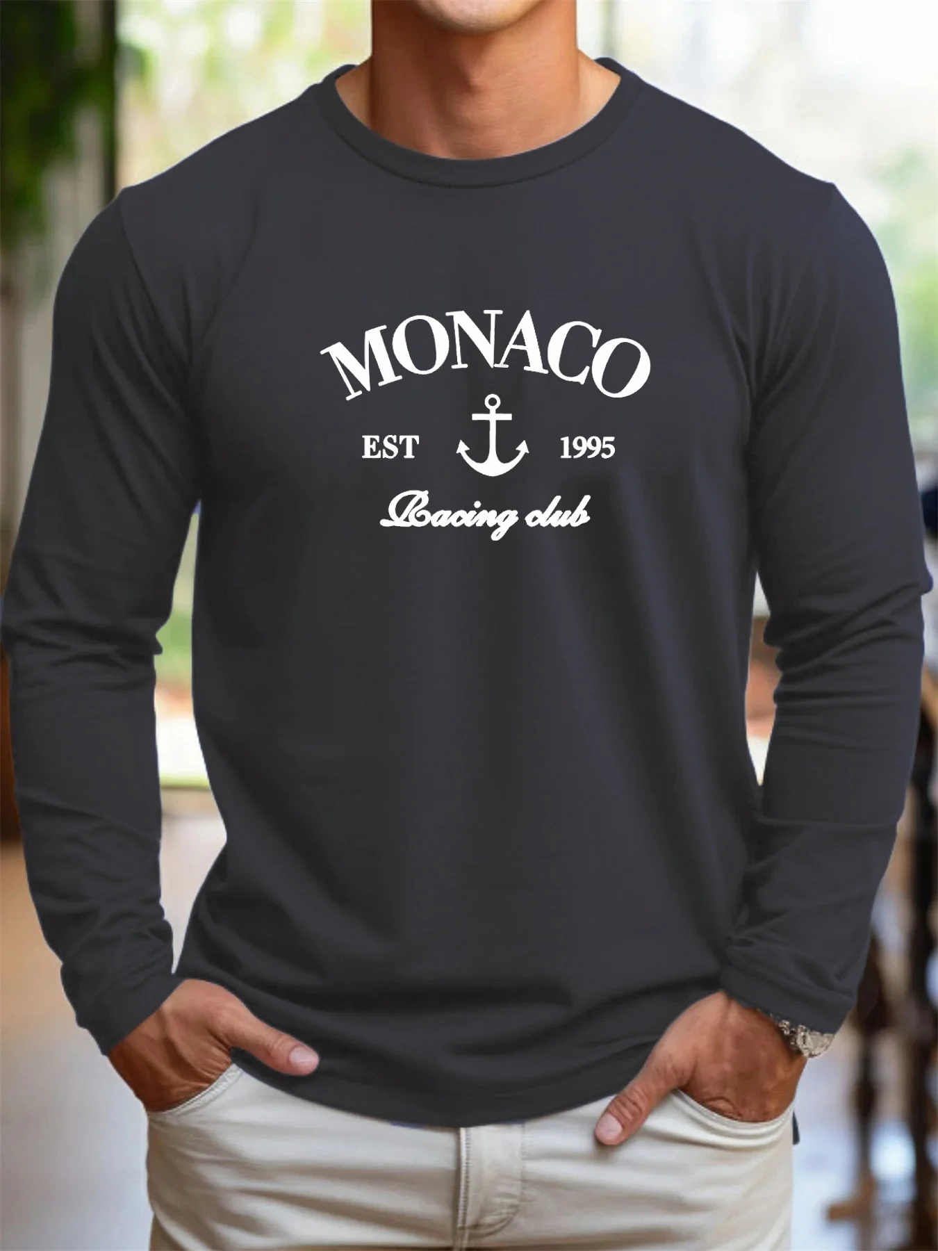 100 cotton men's casual long sleeved round neck loose Monaco letter pattern printed autumn and winter T-shirt top versatile