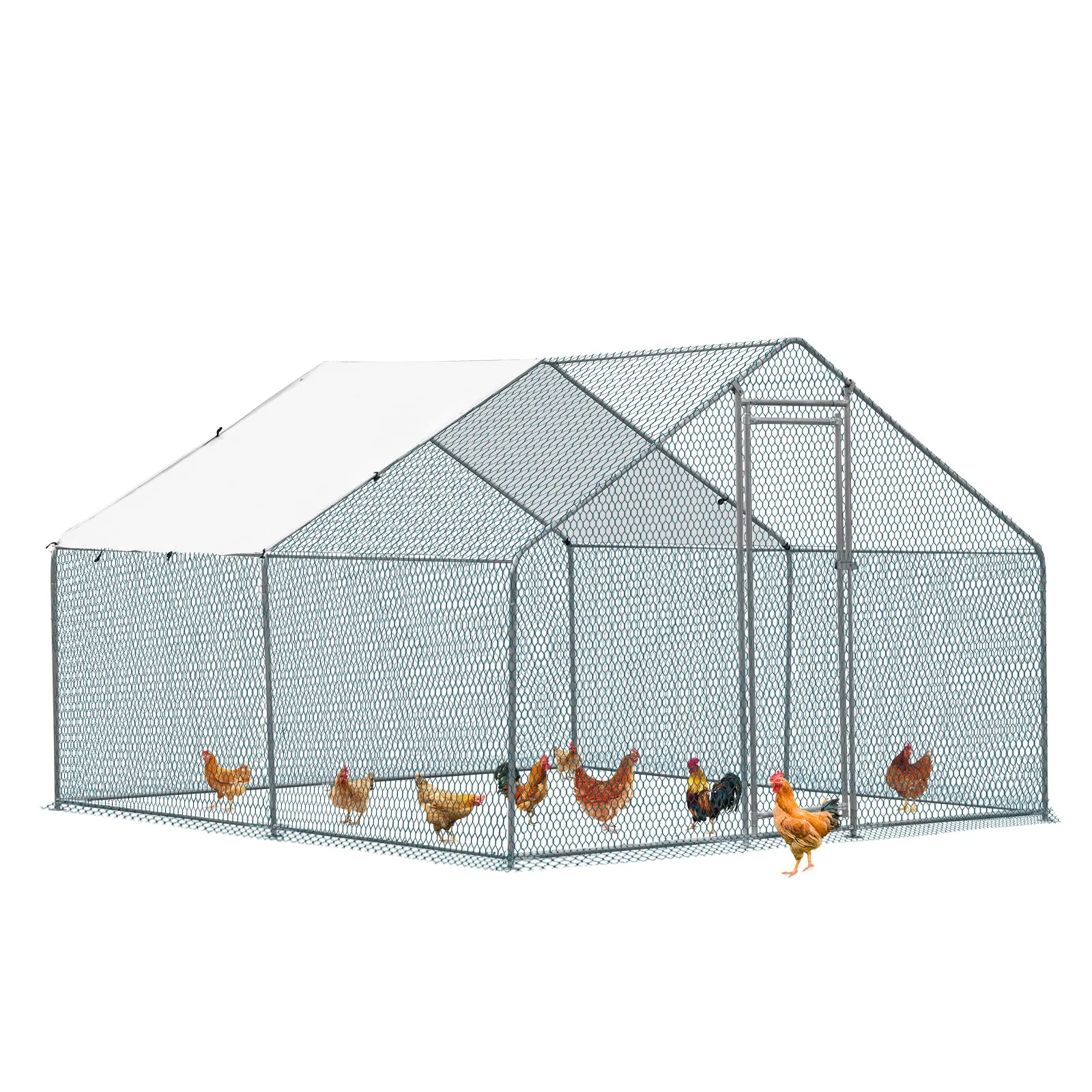 

Large Metal Chicken Coop Walk-In Chicken Run 10x10x6.6 ft Peaked Roof w/Cover