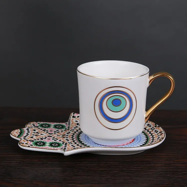 Retro Hanging Ear Creative Ceramic Cup Turkish Coffee Cup and Saucer Set Devil\'s Eye Hamsa Hand Dish Dim Sum Mug Boutique Gift