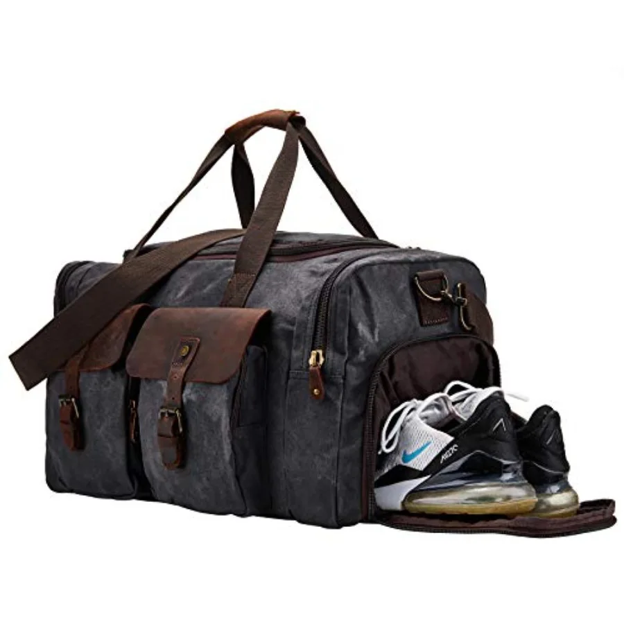 

Waxed Canvas Vintage Overnight Duffel Weekend Travel Bag Waterproof for Men Women with Shoes Compartment Grey