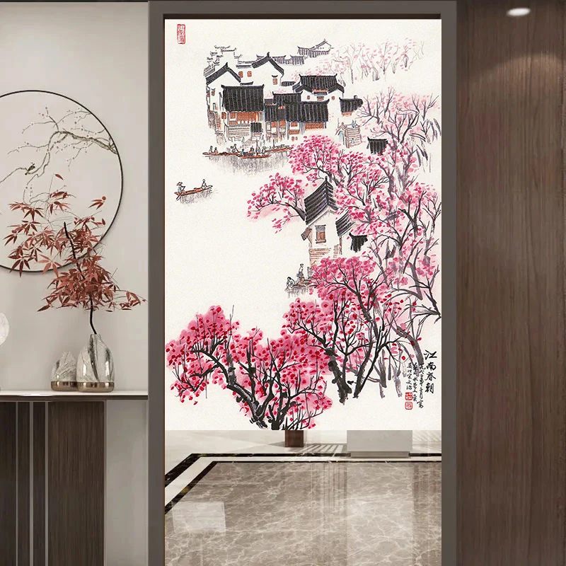 Chinese Landscape Painting Door Curtain Partition Home Decor Curtain for Bedroom Free Hanging Curtain for Kitchen Living Room