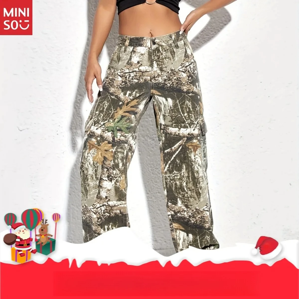 

Miniso Spring and Summer Printing Fashion Tooling Casual Loose Straight High Waist Thin Temperament Denim Trousers Women