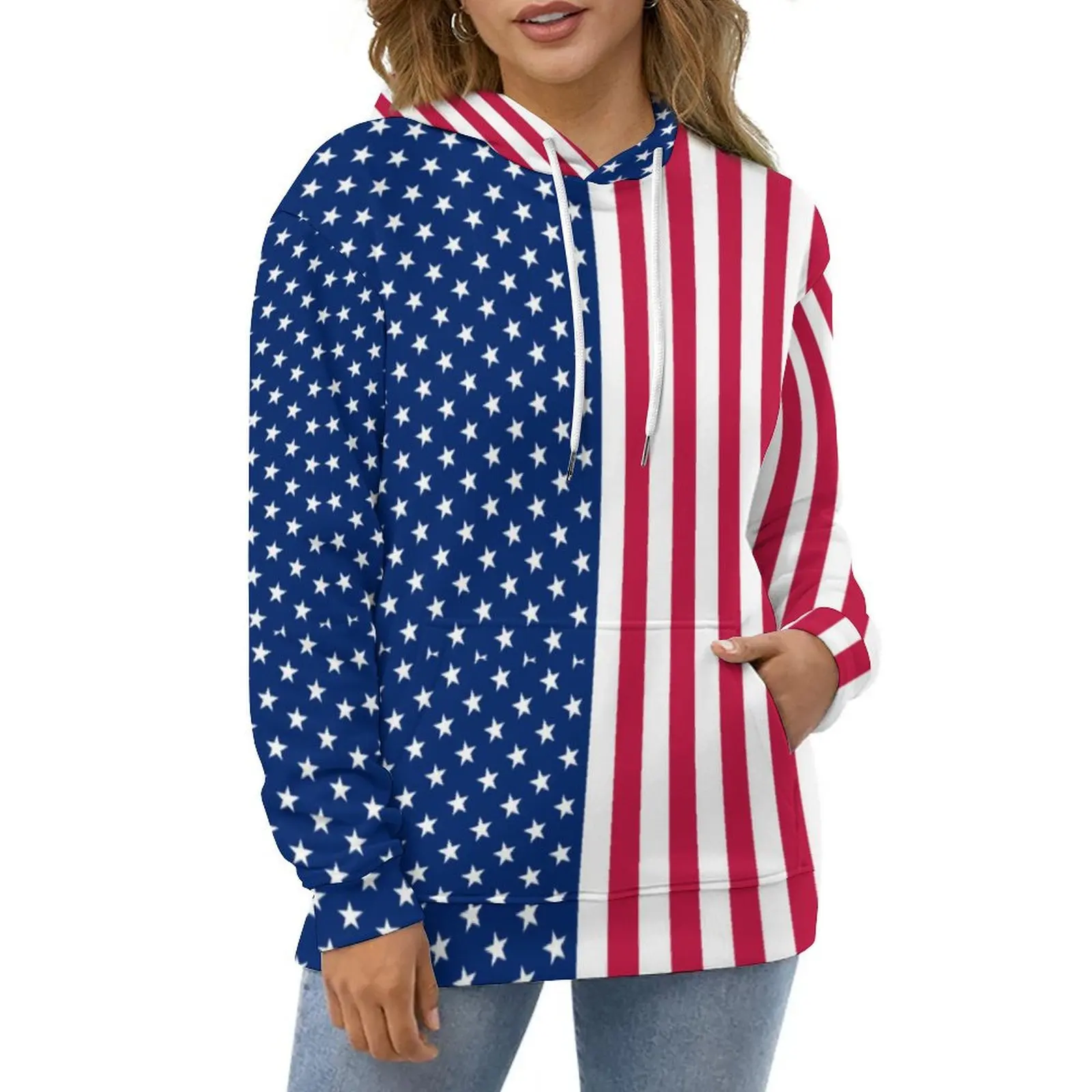 Red White Blue Stars Hoodies Patriotic USA Flag Harajuku Casual Hoodie Long Sleeve Cool Graphic Hooded Sweatshirts Big Size