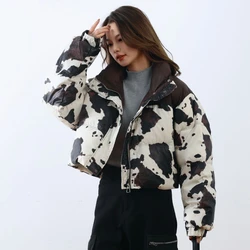 Short Down Jacket for Women, Color Clash, Retro Cow Prints, Trend Outerwears Stand-up Collar Thick Warm Coats Female Winter Coat