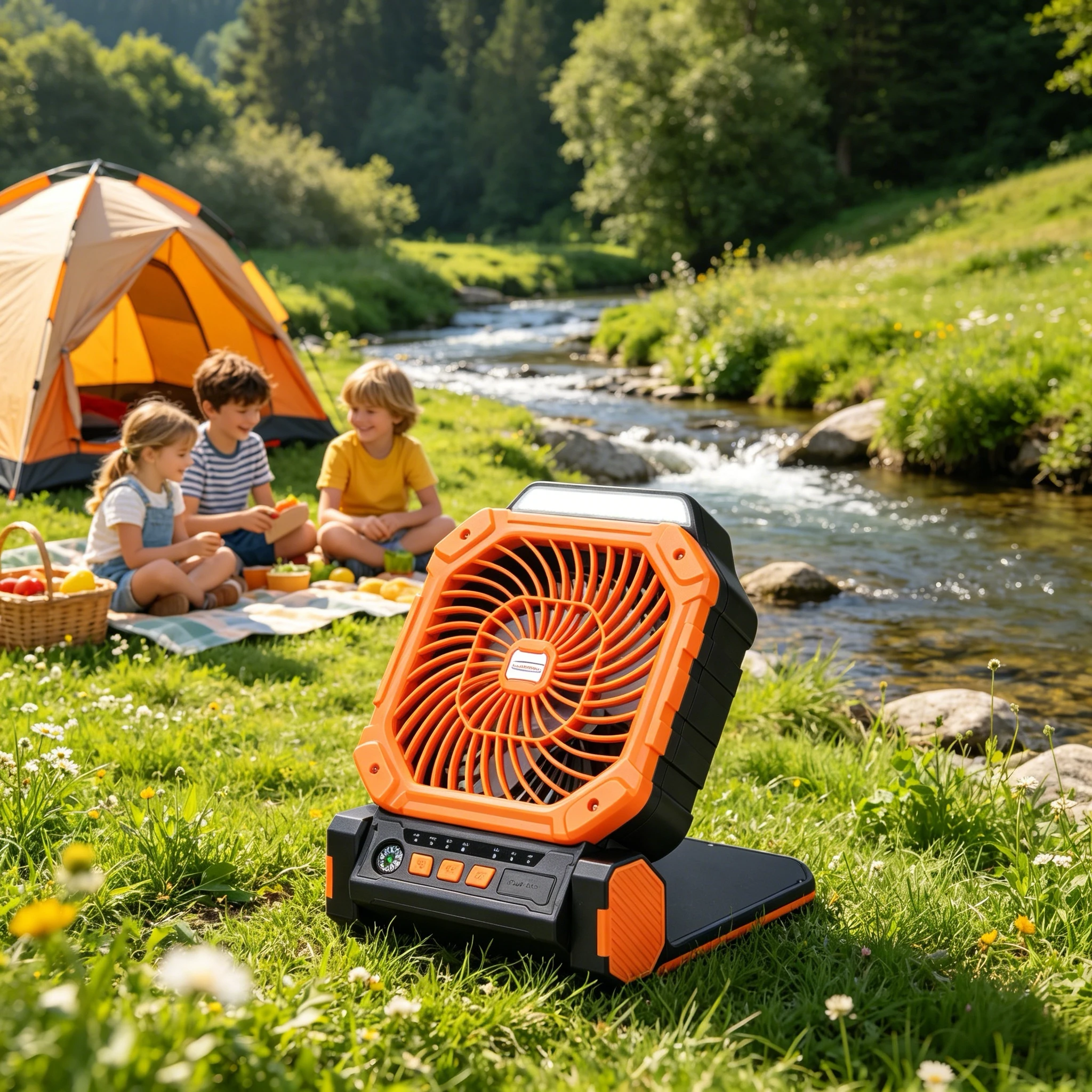 Solarbetriebener tragbarer Ventilator mit 4 Geschwindigkeitsstufen, LED, USB, Timer und integriertem Kompass für Camping, Wandern, Zeltgebrauch und verschiedene Notfallszenarien.
