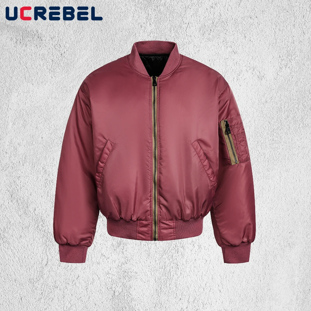 

Solid Color Ma-1 Bomber Quilted Jacket Mens Pocket Retro Streetwear Stand Collar Long Sleeve Outerwear Man