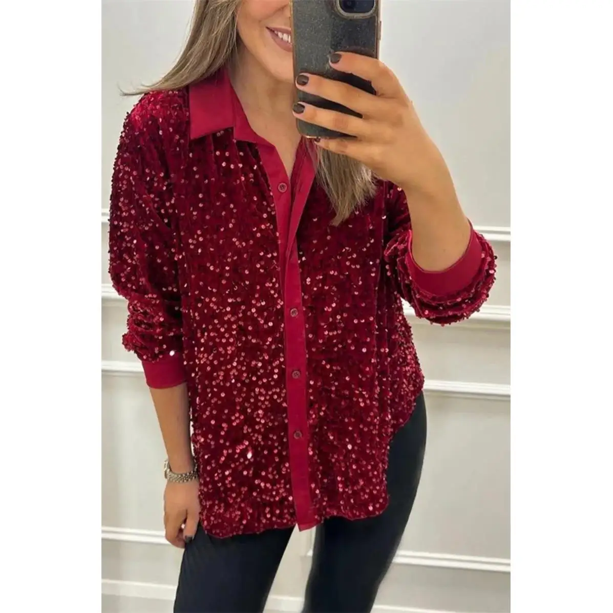 Gola feminina longa sve lantejoulas irt top brilhante poliéster casual sle ajuste regular Longevi cor pura