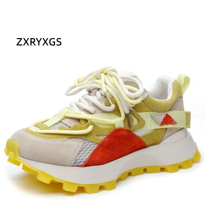 

ZXRYXGS Superior Genuine Leather Mesh Color Blocking Splicing Women Shoes Trend Sneakers 2024 Summer Breathable Leisure Sneakers