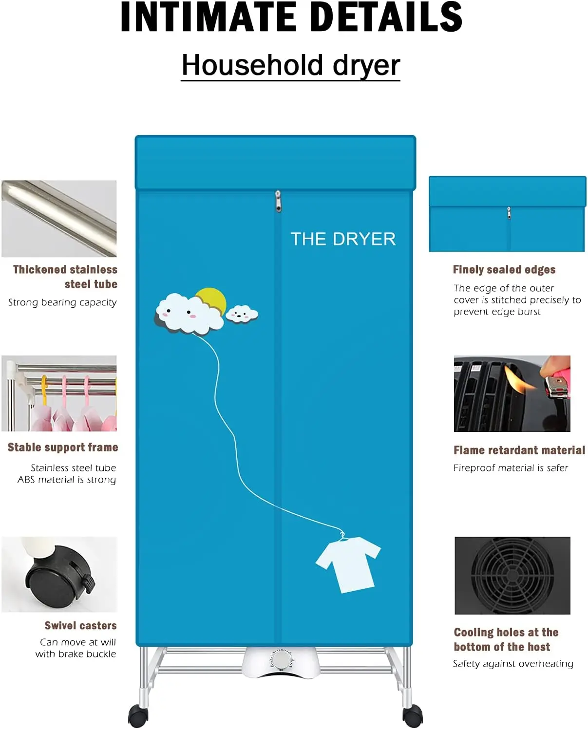 مجفف كهربائي محمول 110 فولت 1000 وات، ستانلس ستيل، أزرق، سعة 15 كجم، تحميل أمامي، قابل للتكديس، مثالي للشقق، RV، Campe