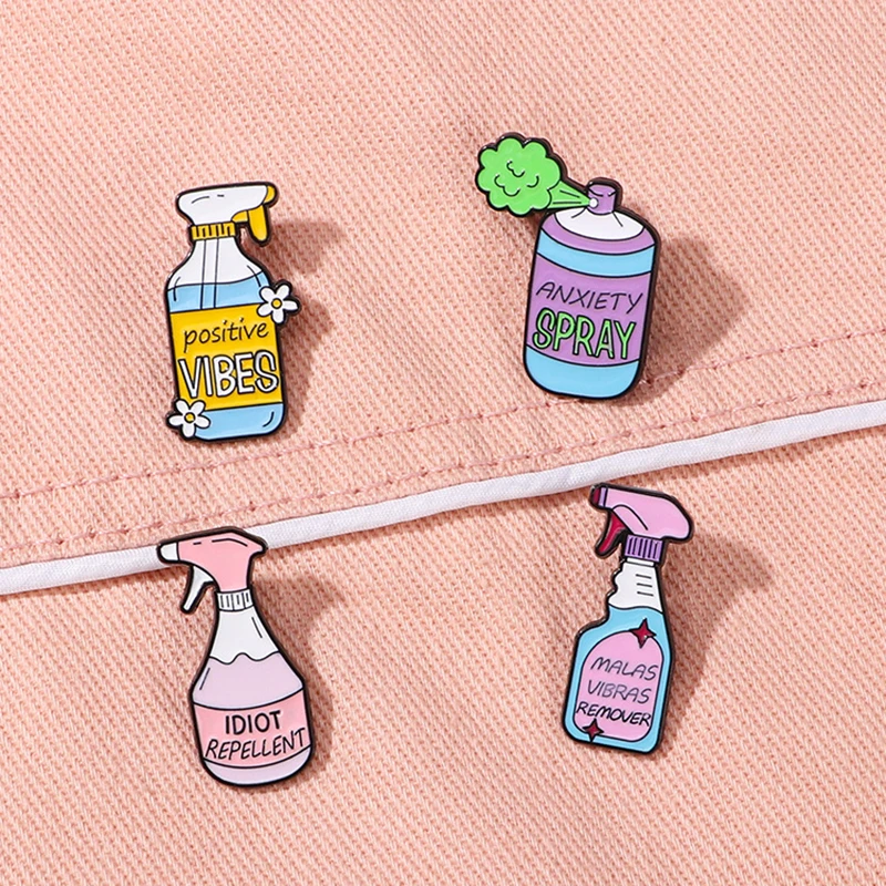 Creative Sprayer Enamel Brooch Insecticide Spray Fume Cleaning Positive Vibes Repellent Pink Pot Badge Punk Lapel Pins Jewelry