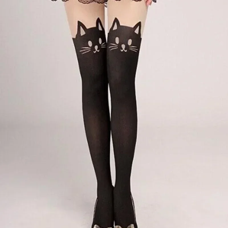 Cute Cartoon Cat Summer Pattern Stockings Over The Knee High Socks Cat Tail Print Women\'s Thermal Sock Accessories Creative Gift