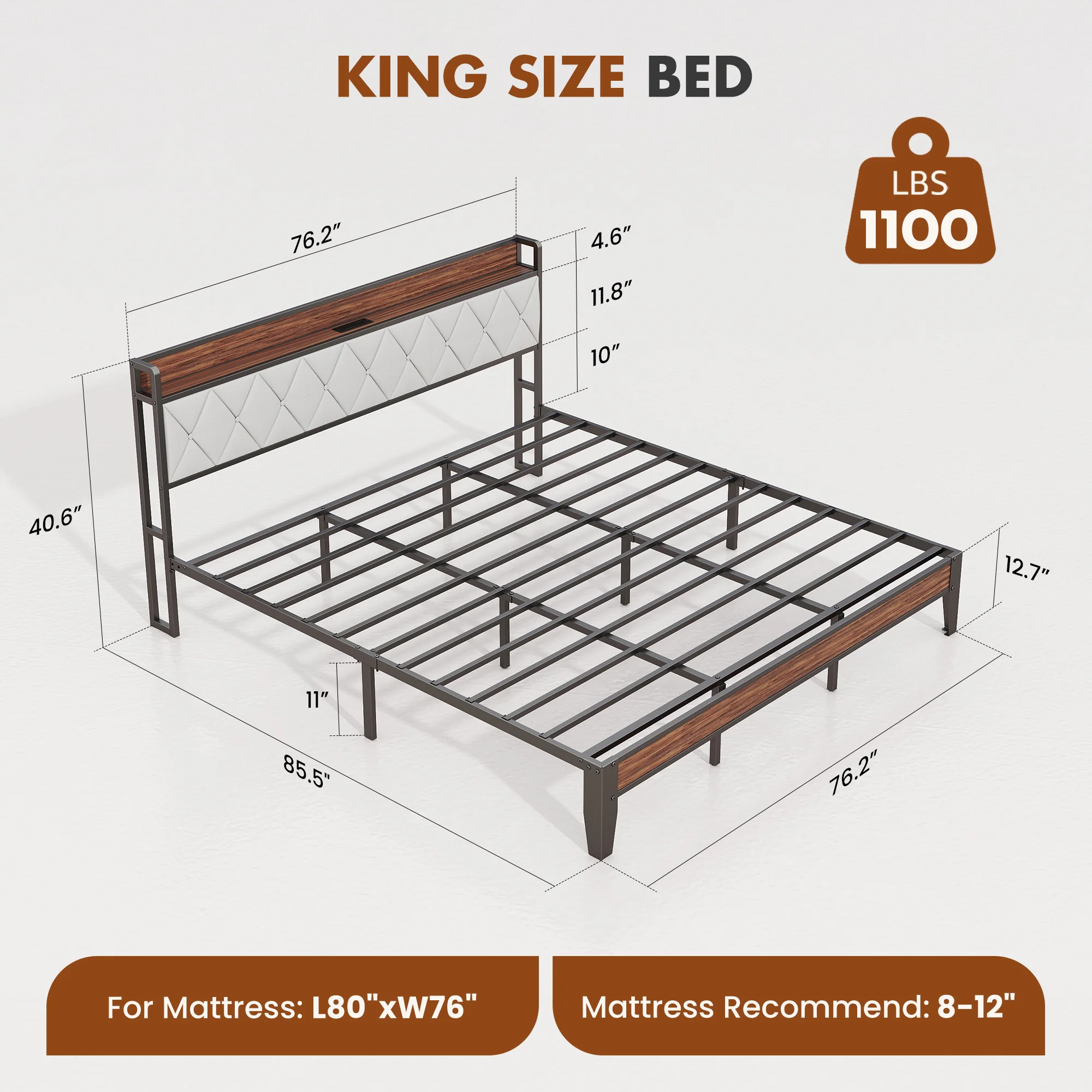 JHK King Size Soft Pack Heavy Duty Metal Bed Frame with Headboard Charging Station 1100lbs Capacity Easy Assembly For Bedroom image 3