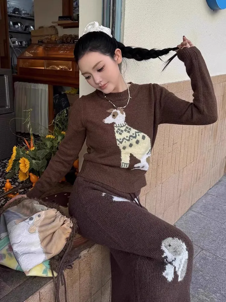 レディース子犬パーティー ニットセータースカートセット 秋冬暖かい犬クロップトップ＆ミディAラインスカート スリムで居心地の良い2ピースアウトフィット