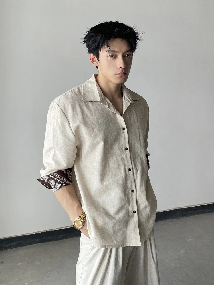 

Casual Linen Mixed Long Sleeve Shirt Vintage Preppy Style Men's Loose Fit Polyester Fiber Fashionable Lazy Holiday Coat