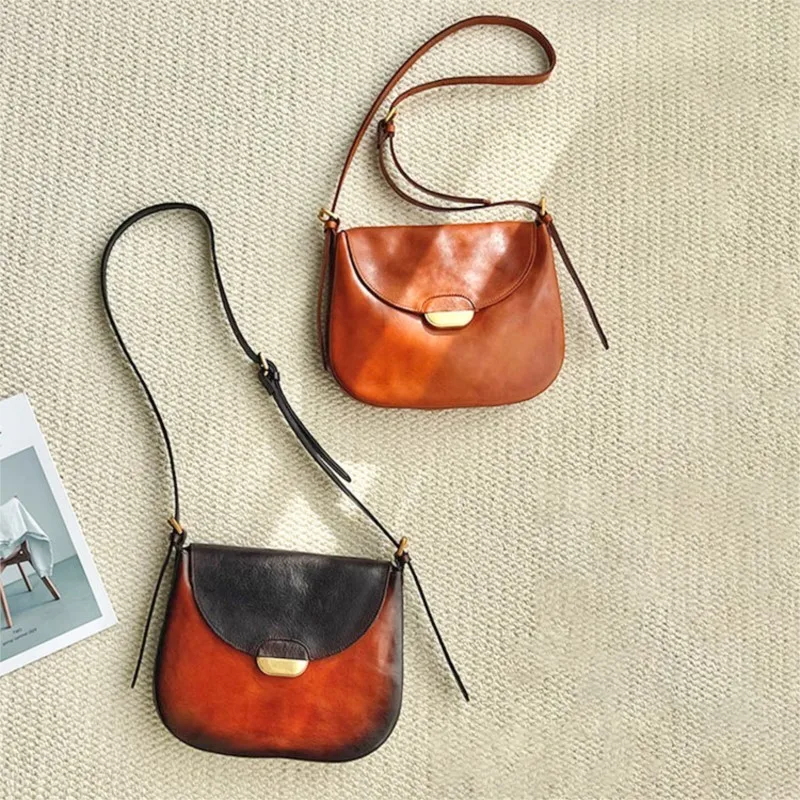Johnature Natural Soft Cowhide Women\'s Saddle Bag 2026 New Retro Handmade Genuine Leather Solid Color Shoulder & Crossbody Bags