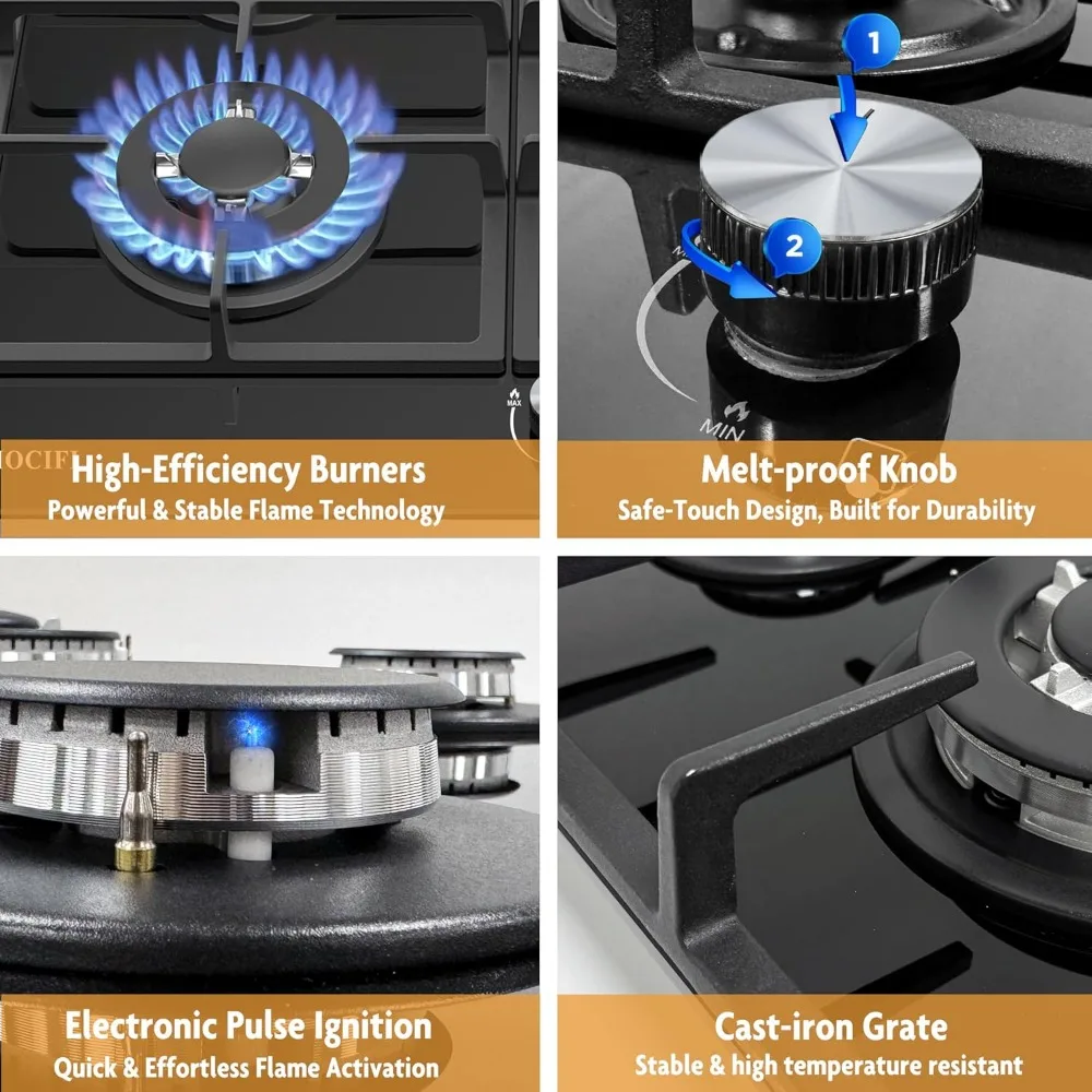Kompor Gas Tanam 24 Inci 4 Tungku - Permukaan Kaca Temper Hitam dengan Kit Konversi Bahan Bakar Ganda NG/LPG, Proteksi Termokopel
