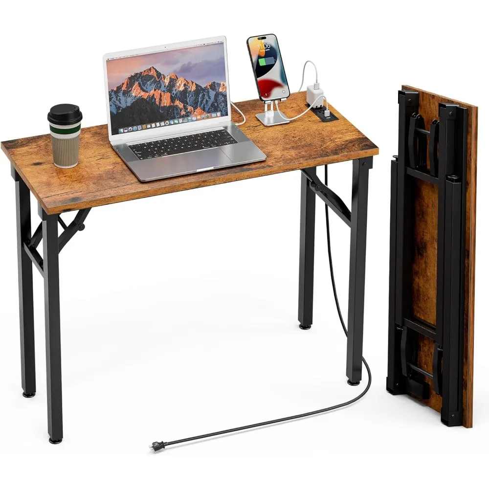 طاولة كمبيوتر صغيرة قابلة للطي TEMI - بدون تجميع، مكتب مدمج قابل للطي 35.8 مع منافذ طاقة ومنفذ شحن USB، محمول #1