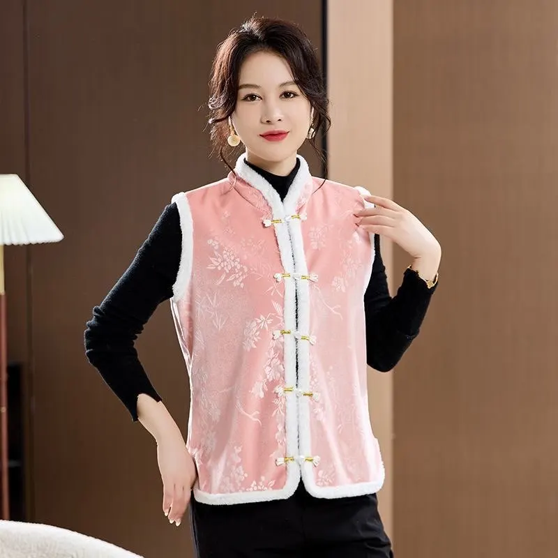 

New Outerwear New National Wind and Velvet Stand-up Vest Women Wear Chinese Fashion Temperament Vest Coat in Autumn and Winter