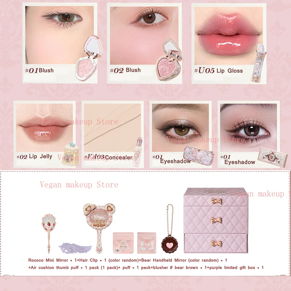 Flowerknows Makeup Gift Set Eyeshadow,Lipstick,Blush,Concealer & Hand Mirror,Full Face Cosmetics Kit in Storage Box