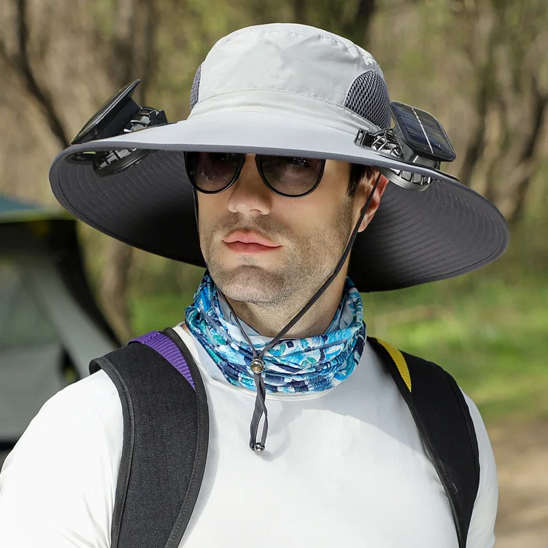 

Summer Outdoor Men Wide Brim Solar Fan Sun Hat Hiking Fishing Bucket Hat USB Charging Solar Powered Fan Cooler Hat