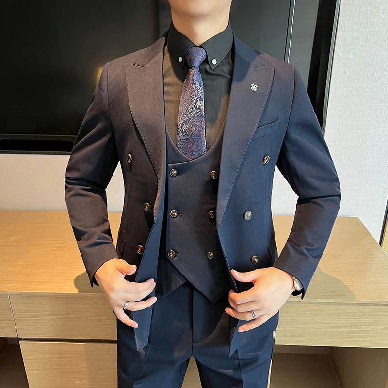 2024 High quality double breasted (suit + vest + trousers) Fashion slim-fit business formal men\'s wedding three-piece set