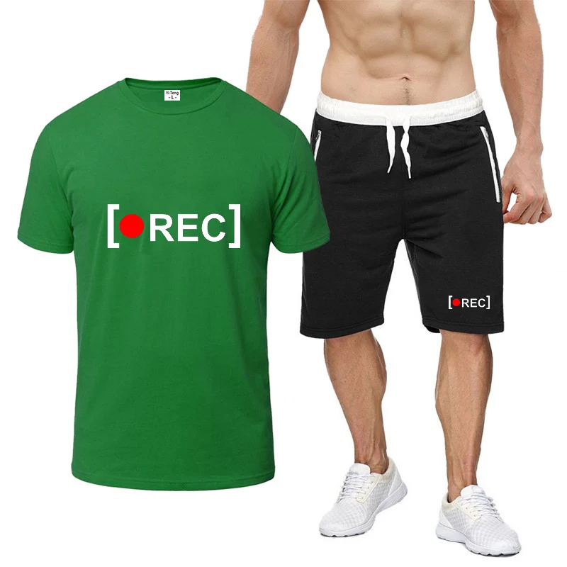 

100% Cotton Men Casual Soft Fitness Summer Thin Men's Rec Logo Print O-Neck Short Sleeve Solid Color T-shirt Pants Sports Suits