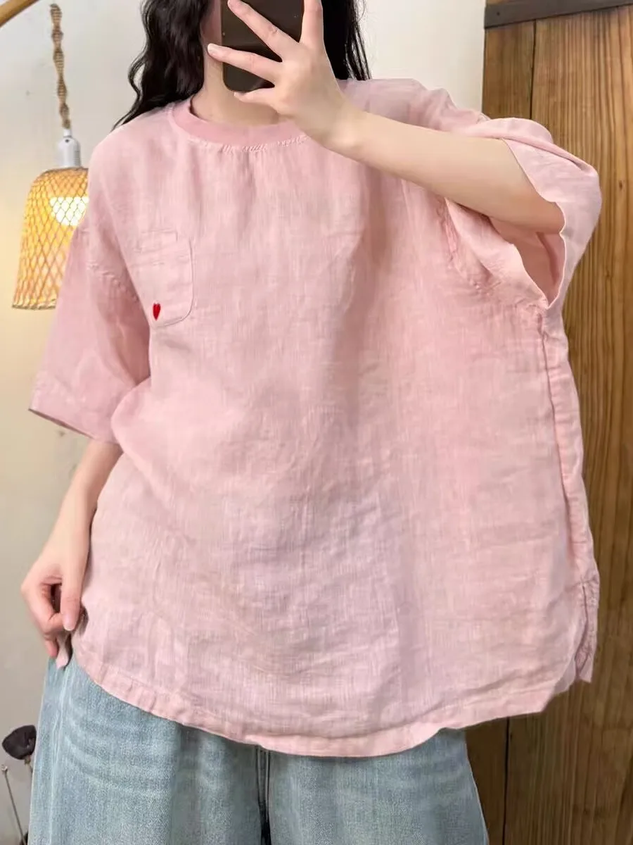 루즈 캐주얼 오버사이즈 라운드 넥 자수 리넨 원피스 한국 스타일 얇은 소재 여름 신상 여성용...