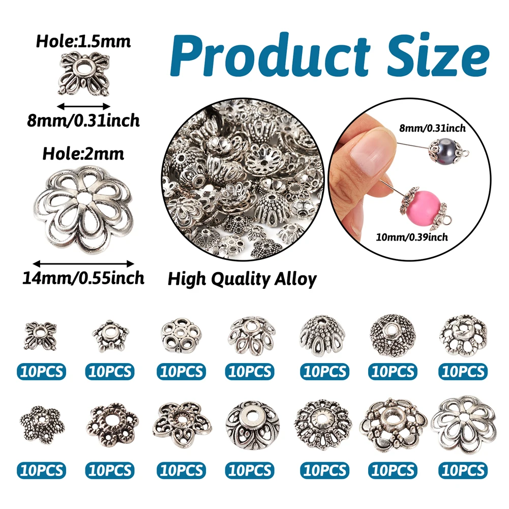 140Pcs/Box Alloy Flower Bead Caps Mix 14Styles Antique Loose Metal Spacer End Connector for Earrings Jewelry Making Accessories