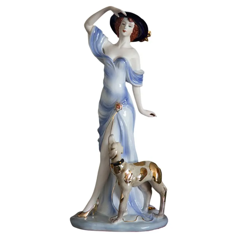 

Retro dog-leading Western female figures ceramic ornaments, high-end ornaments, handicrafts, European-style medieval porcelain