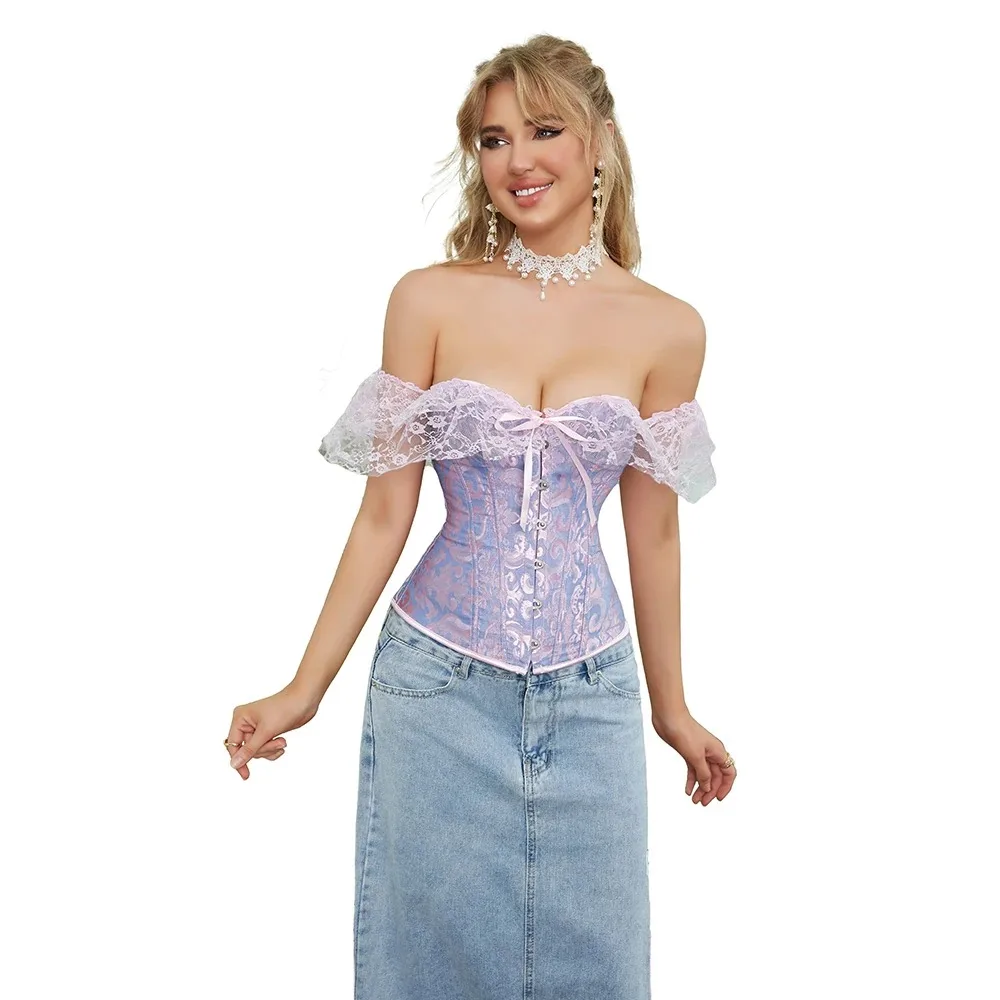 

Готический винтажный парчовый бюстье размера плюс с коротким кружевным рукавом, корсет, топ, женский сексуальный корректирующий костюм для похудения, корсет для коррекции талии