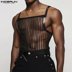INCERUN Tops 2025 American Style Sexy Fashion New Men Perspective Party Style Striped Vests Casual Clubwear Thin Tank Tops S-5XL