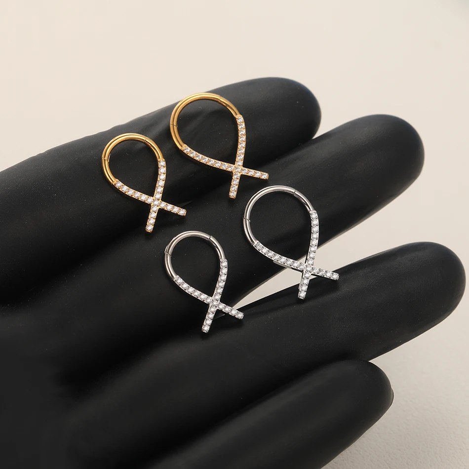 

1Pc 16G Implant Titanium Criss Cross Ribbon Septum Clicker Clear Gem Nose Hoop Rings Hinged Segment Septum Piercing Jewelry